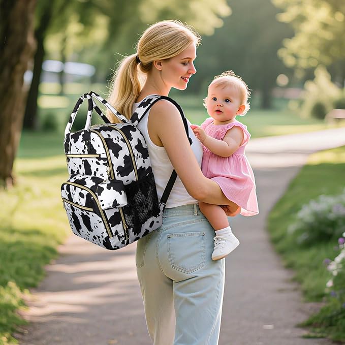 Diaper Bag Backpack,Baby Essentials Diapers Bag with Pacifier Case,Multipurpose Stylish Large Capacity Travel Backpack for Baby Girl/Boy(L-Cow Print)
