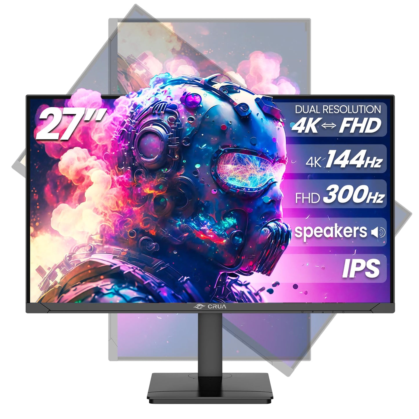CRUA 27” Gaming Monitor, IPS UHD (3840x2160) Dual Mode (4K 144Hz or FHD 300Hz), 120% sRGB, Support Rotating/Vertical, AMD FreeSync, Built-in Speakers, HDMI 2.1 & DP 1.4, Wall Mount Install-Black