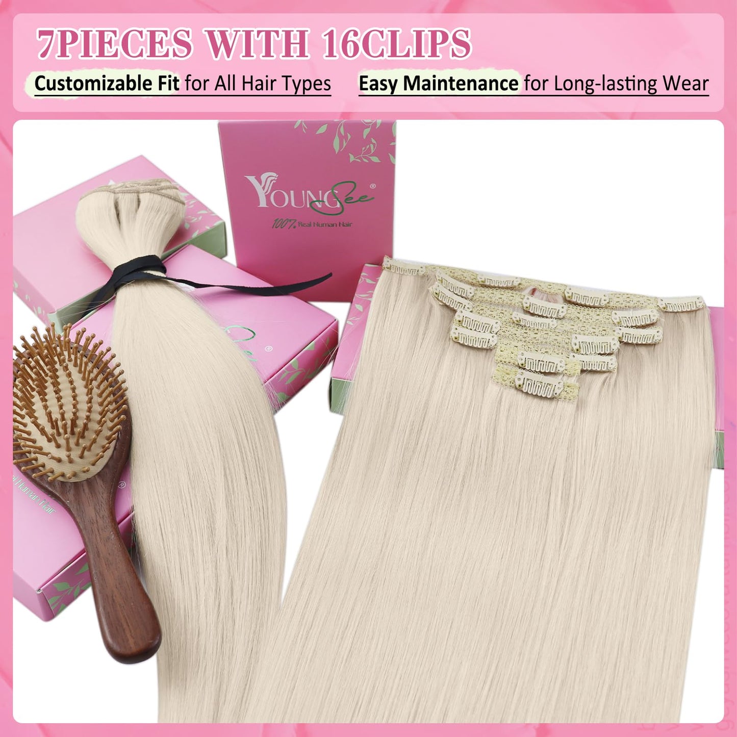 YoungSee Clip in Hair Extensions Real Human Hair Blonde Hair Extensions Clip ins Platinum Blonde Thick End Full Head Blond Real