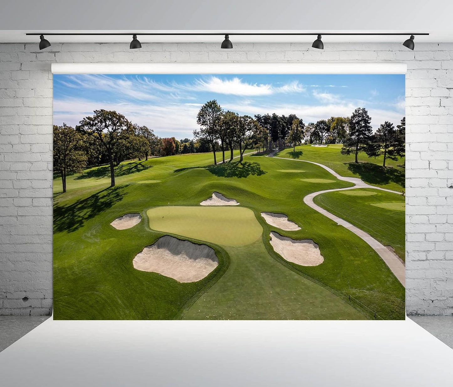 BELECO 12x10ft Fabric Golf Course Backdrop for Photography Green Grass Lawn Bunker Trees Blue Sky White Clouds Outdoor Golf Backdrop Golf Party Decorations Birthday Shoot Holiday Photo Studio Props