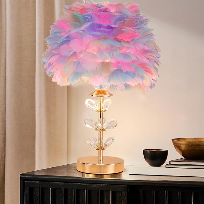 Colorful Feather Lamp Creative Furry Table Lamp Modern Feather Desk Lights Romantic Princess Bedside Nightstand Light for Teen Girls Bedroom Living Room Wedding Entryway Office