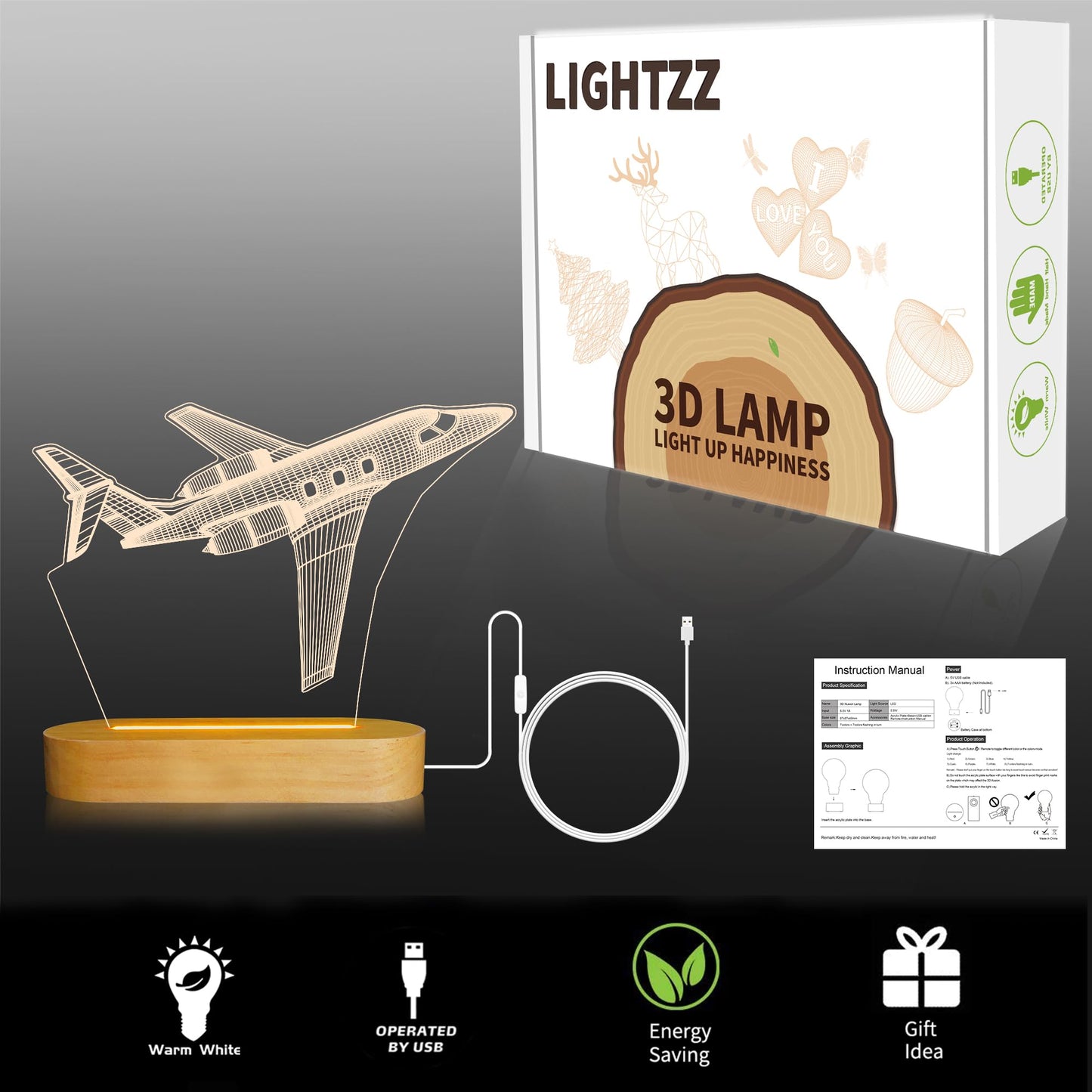 Lightzz Air  Night Light 3D Illusion Lamp, Yellow Wood Table Lamp For Boys, Usb Powered, Model Fs-Xmx001-9999