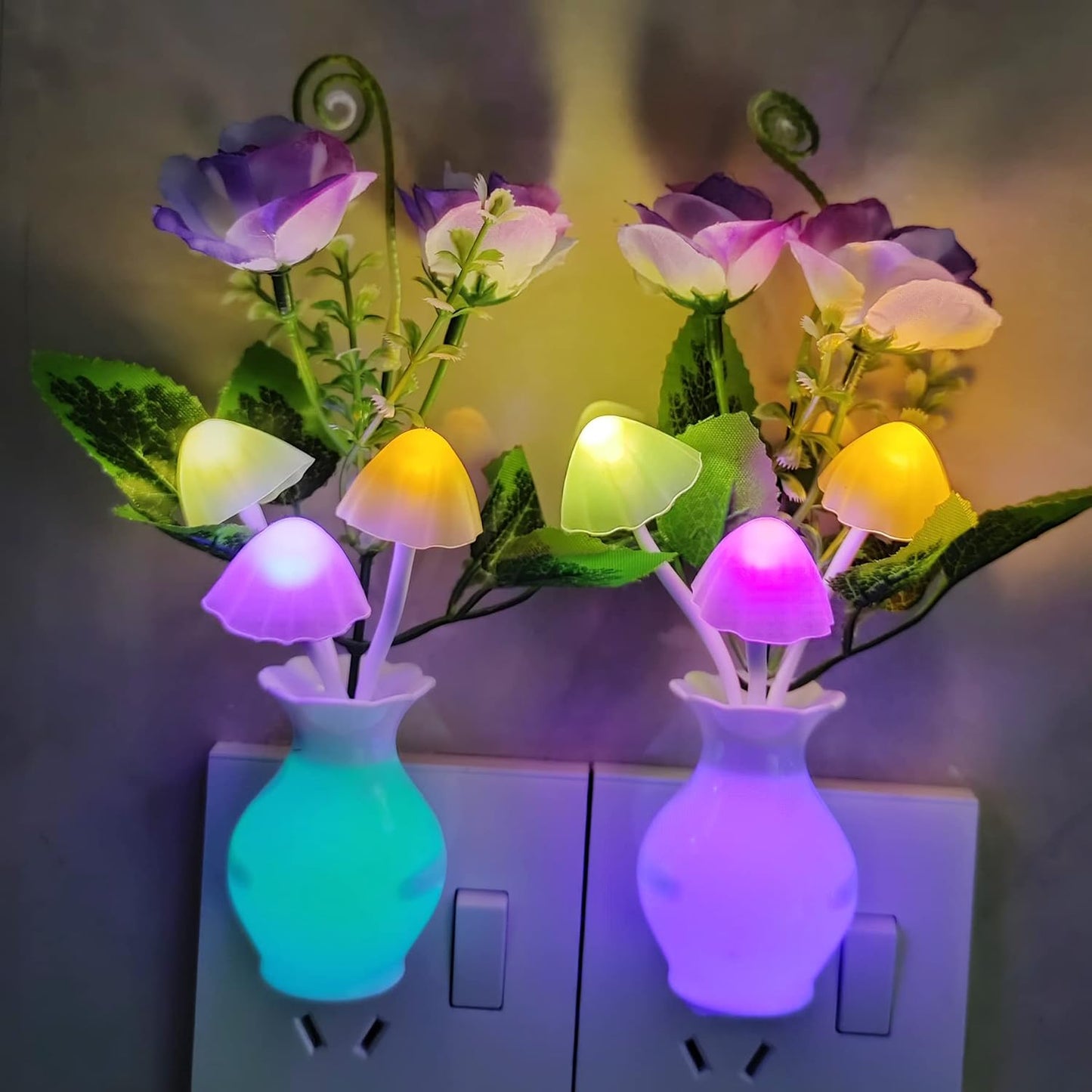 AUSAYE 3Pack Sensor Night Lights Plug into Wall Rose Flower Light, Led Lamp Dream Nightlight Mushroom Night Lights for Kids Adults Room,Bathroom,Kitchen,Hallway