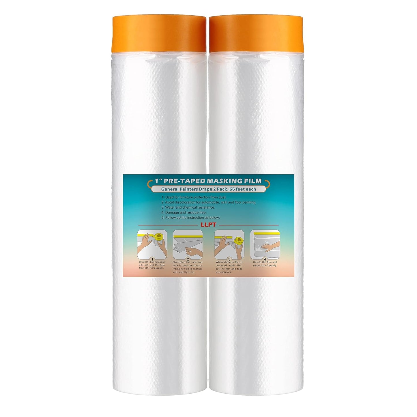 LLPT Tape and Drape 78.7”(Unfolded) x 66 Ft Each 2 Pack Pre-Taped Masking Film 0.27 Mil Painters Plastic Drop Cloth for Auto Wall Furniture Painting Protection (MFT2002)