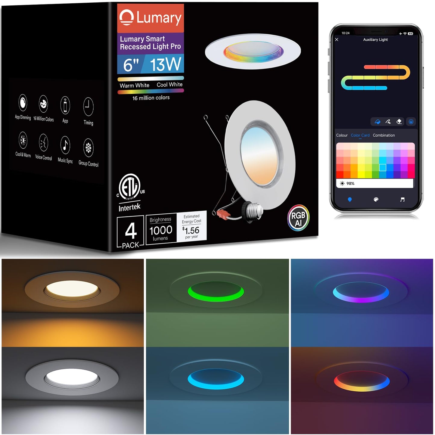 Lumary Smart Retrofit Led Recessed Lighting 5/6 Inch Pro W/Color Ring  Rgbai Retrofit Can Light W/Anti-Dazzle  Wi-Fi Bluetooth Connect  Work With Alexa Google  66 Scene Mode  Etl Cri 90 1000Lm  4 Pack