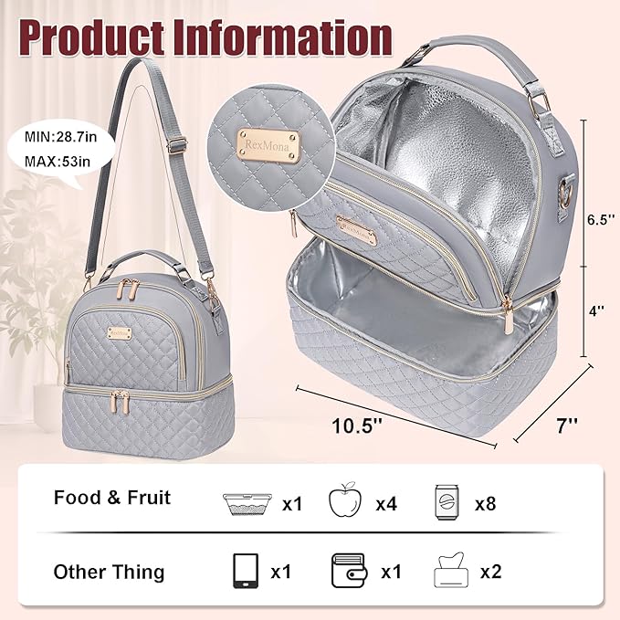 Lunch Bag - Dual Compartment Insulated Lunchbox for Men & Women - Leakproof Lunch Cooler with Adjustable Strap for Work, Picnic, Beach