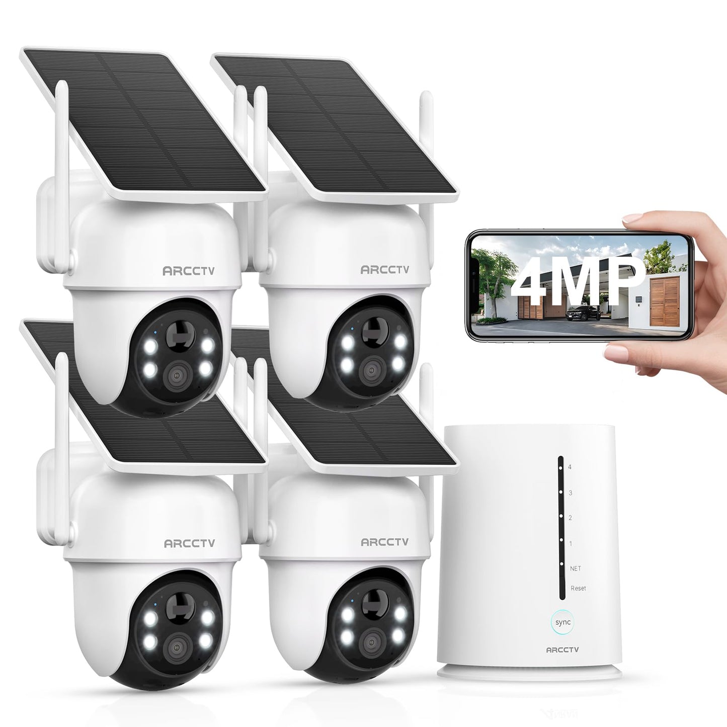 ARCCTV Security Cameras Wireless Outdoor, 4 Cam-Kit, 4MP Solar Security Camera Wireless System with 360° Pan & Tilt, HD Color Night Vision, Motion Detection, 64GB Memory Card, No Monthly Fee
