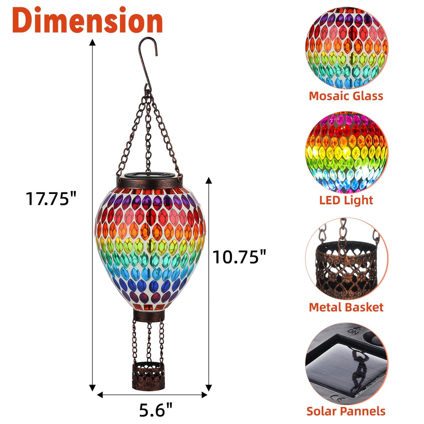 Voreen Hot Air Balloon Solar Lantern  Handmade Mosaic Solar Outdoor Hanging Wind Light  Waterproof  Patio Festive Decor  Gift For Mom Wife Friend  Rainbow Pattern