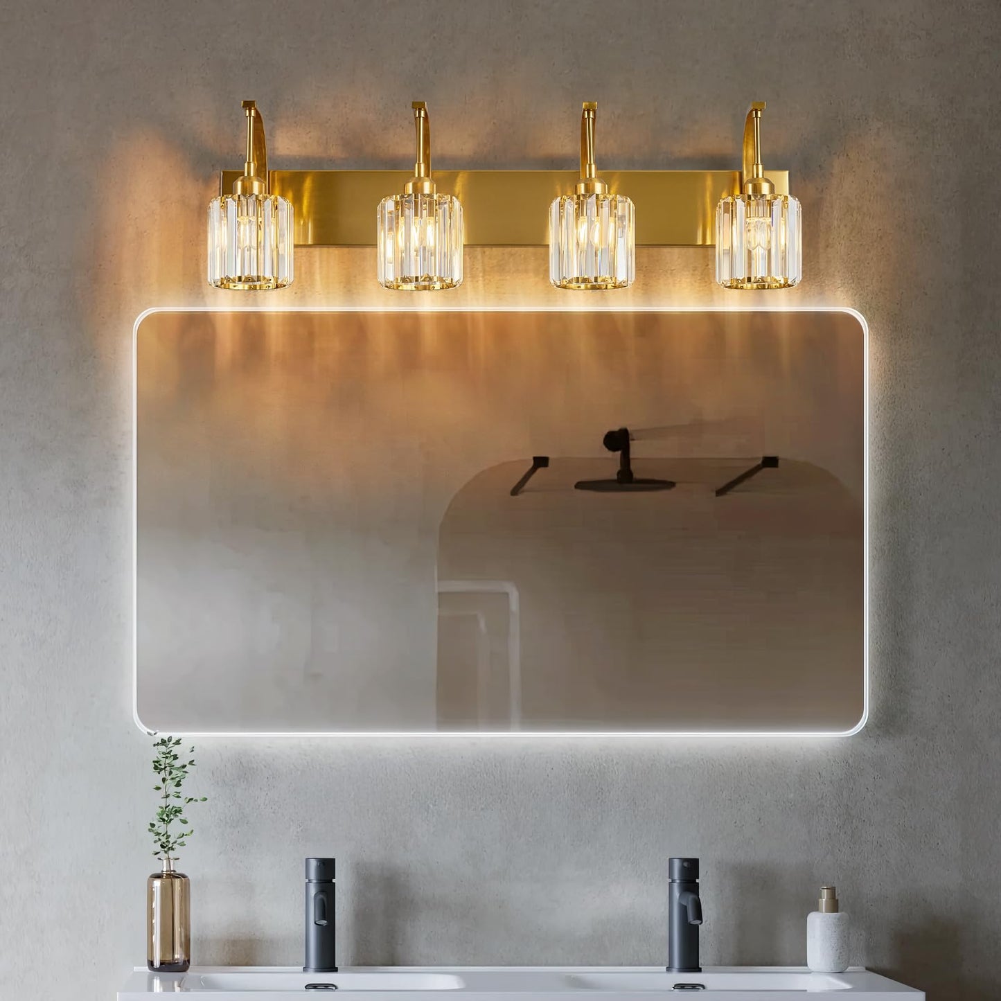 Fdpby 4-Light Crystal Vanity Light  Modern Gold Bathroom Wall Sconce With K9 Crystal Shades  32.67 Long Over Mirror Lighting For Vanity  Makeup  Hallway  Elegant & Easy Install
