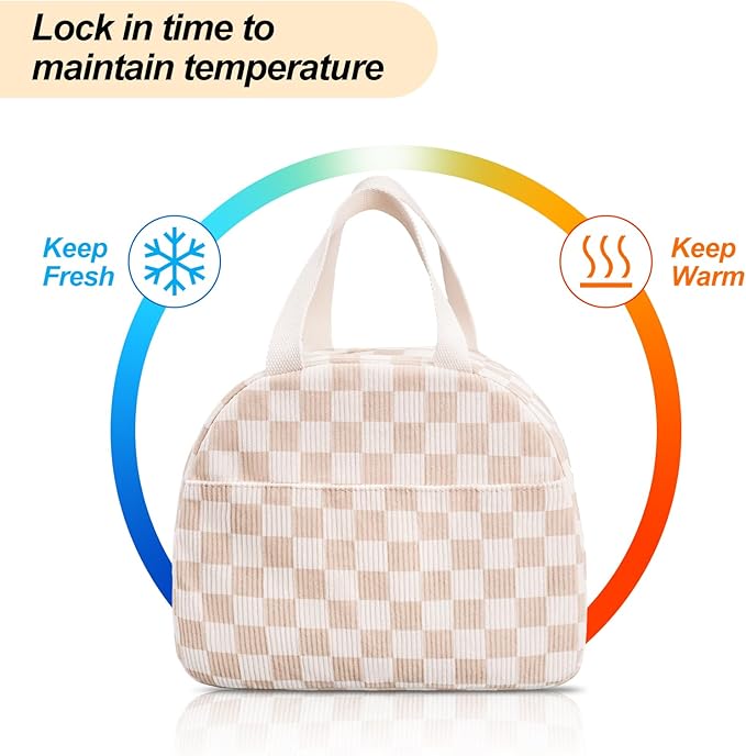 Lunch Box for Women,Cute Corduroy Lunch Tote Bag,Reusable Insulated Lunch Box,Large Capacity Cooler Bag with Compartments for Work, Picnics or Travelling