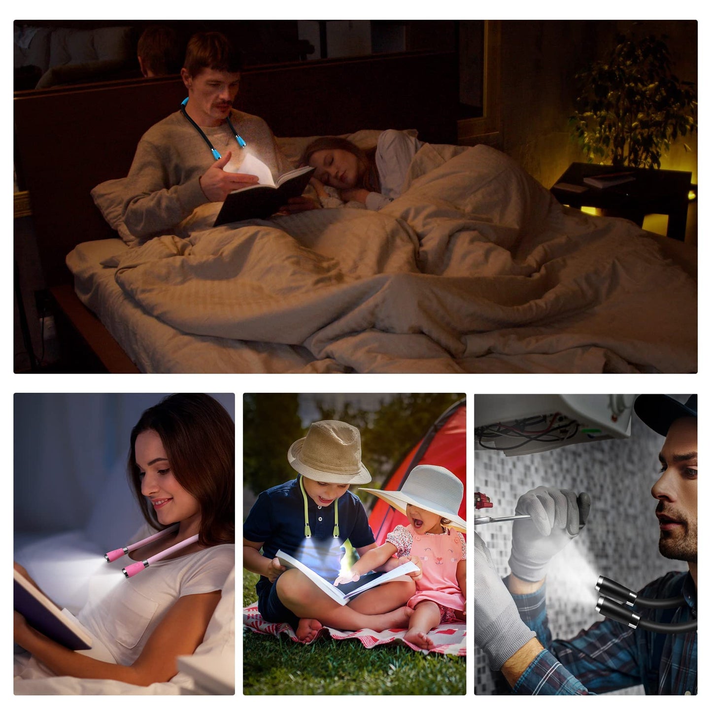 Singhong Usb Rechargeable Neck Book Light - 4 Led Bulbs, Adjustable Brightness, Small, Blue, Model Shnbl-B1
