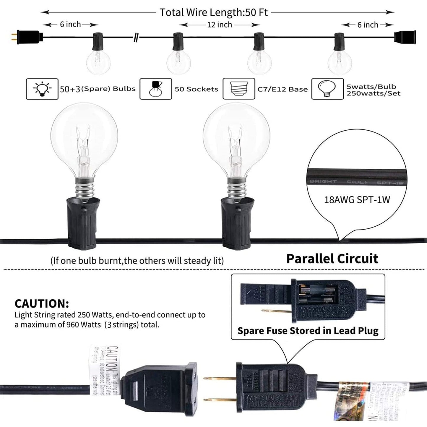 SUNSGNE Outdoor Globe String Lights, 50ft, 53 Bulbs, Black, Connectable, Commercial Hanging Lights for Patio, Christmas, Wedding Decor