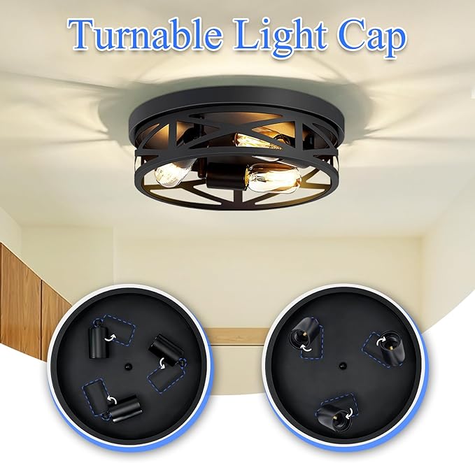 Flush Mount Ceiling Light Fixture,3-Light Ceiling Light Fixture for Hallway, Black Hallway Light Fixtures Ceiling,Light Fixtures Ceiling Mount for Kitchen,Farmhouse,Hall (1 Pack) (13.1inch)