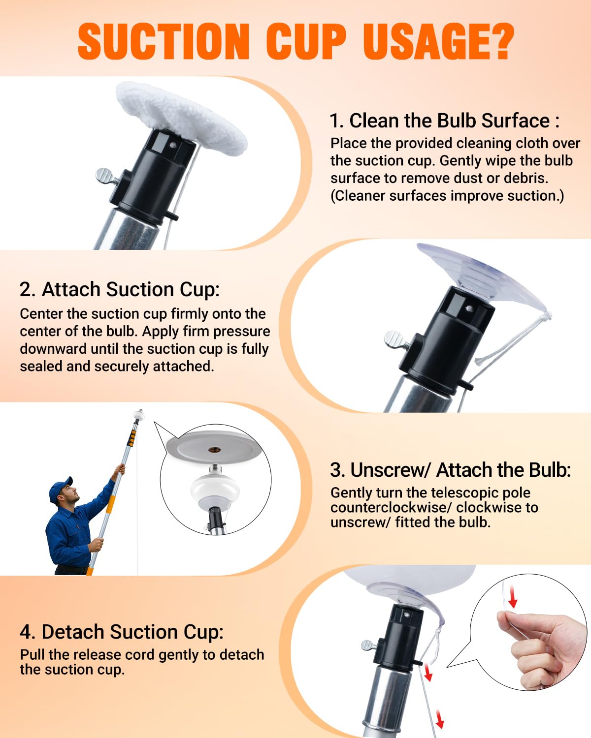 Lupar Light Bulb Changer Pole Kit 3 FT to 20 FT Telescoping Extension Pole with 2 Baskets and Suction Cup for High Ceilings and Recessed Lights Lightbulb Tool Removal Changing