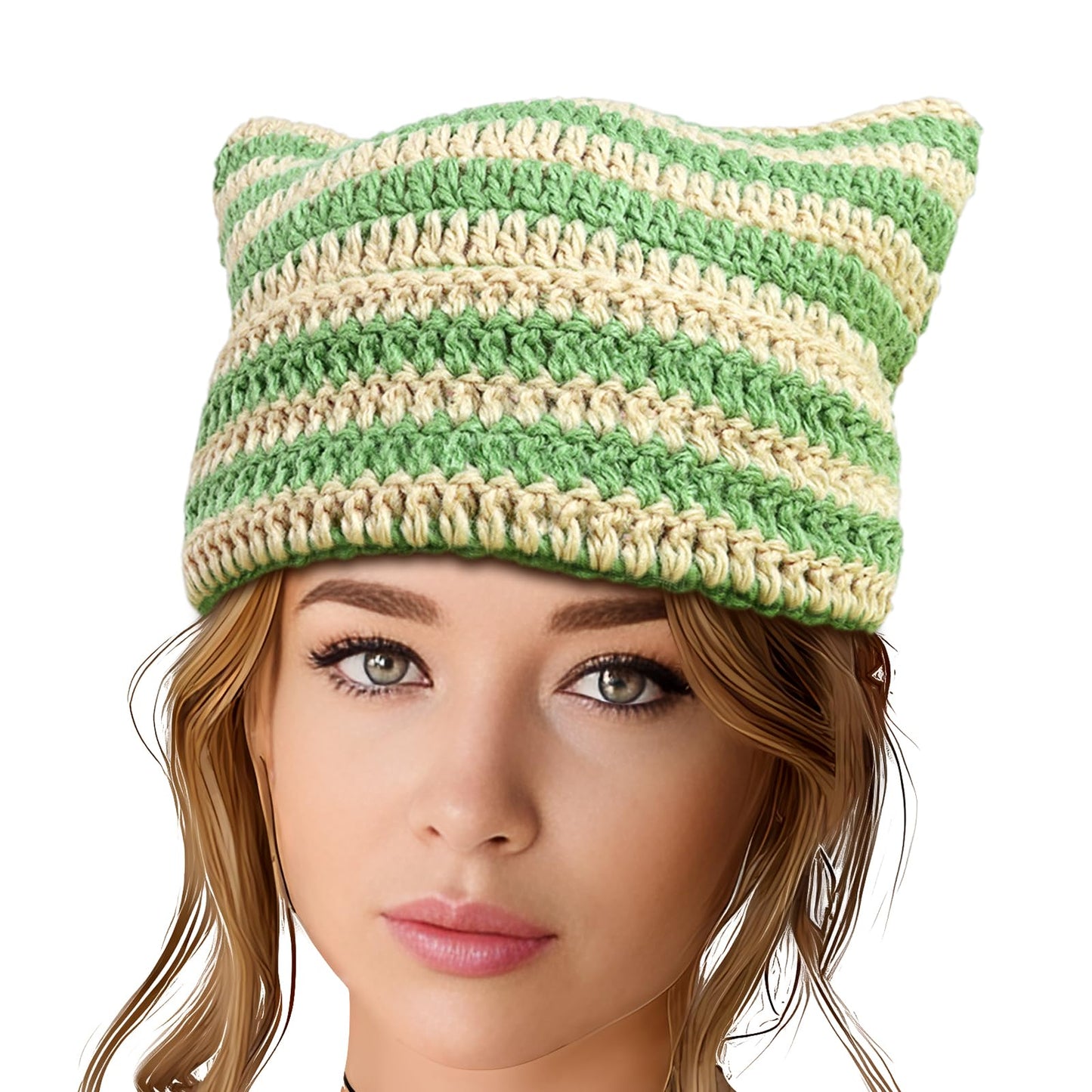 Y2K Beanie for Women Crochet Hat with Cat Ear Cute Fox Hat Vintage Grunge Accessories Knit Cap Slouchy Beanie Green