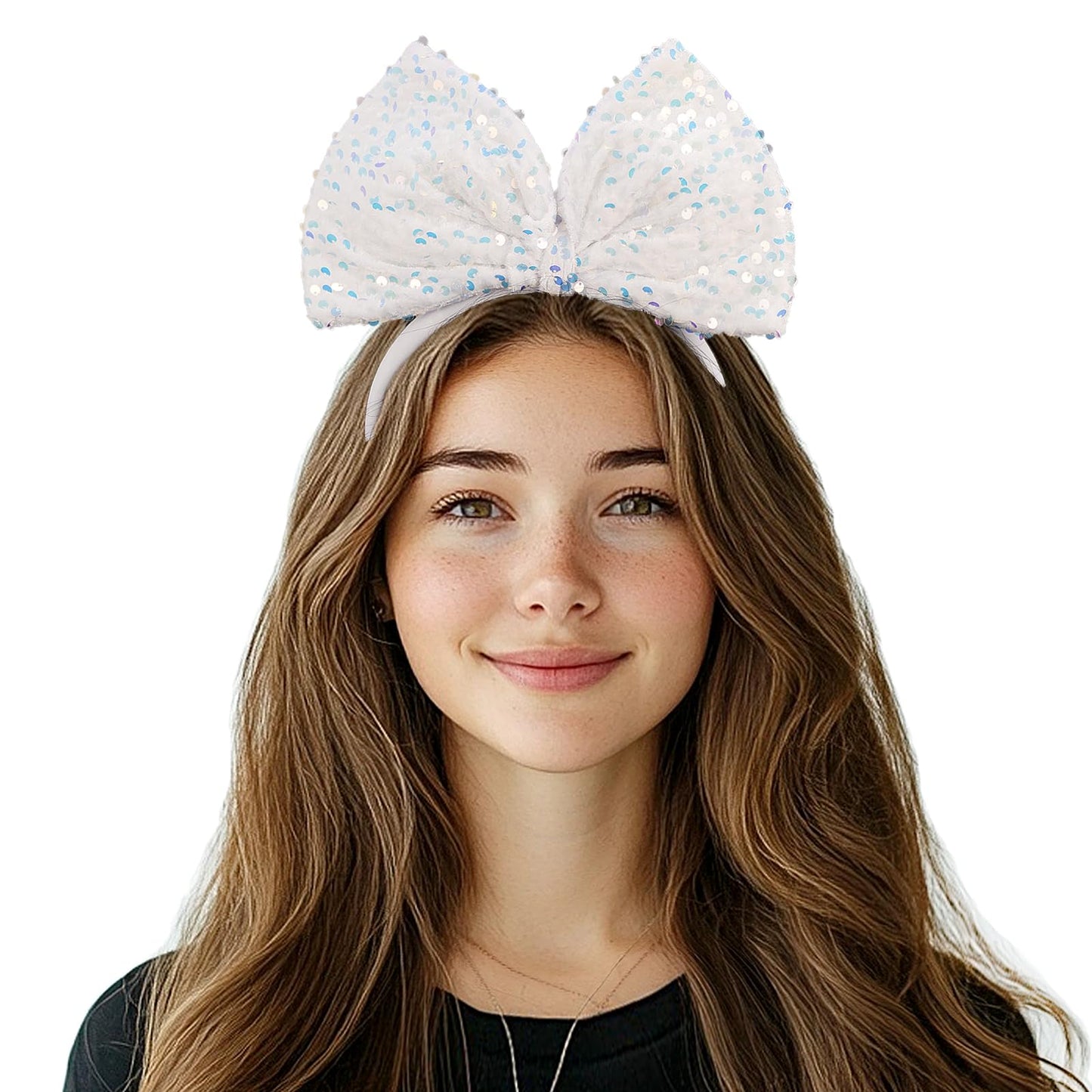 Yheahin Big Bow Headband for Women Soft Bow-Knot Hair Hoop with Sparkling Sequins Festival Costume Large Hair Bow Accessory (Whi