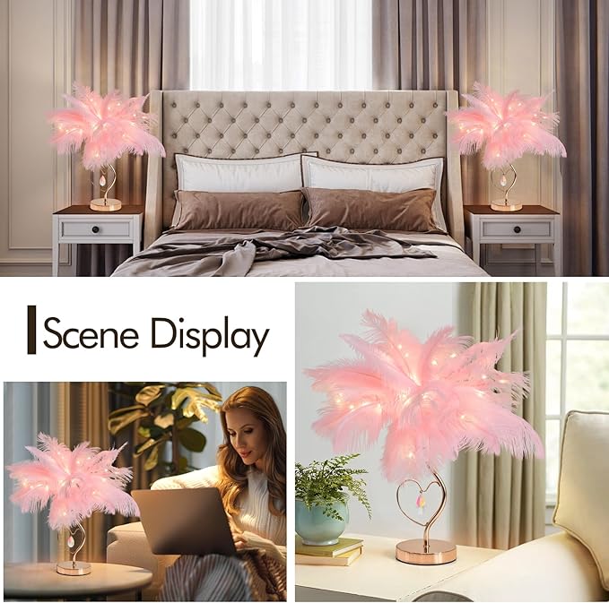 Pink Ostrich Feather Lamp Creative Furry Bedside Lamp Romantic Feather Table Lamp Fluffy Nightstand Lights for Girl Bedroom Wedding Decor Valentines Dating Livingroom Hotel Office