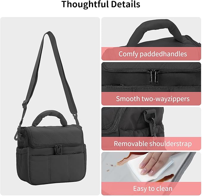 Insulated Lunch Bags, Cute Quilted Lunch Box for Women, Lightweight Puffy Padded Waterproof Lunch Tote, Reusable Lunch Cooler for Work Picnic Travel