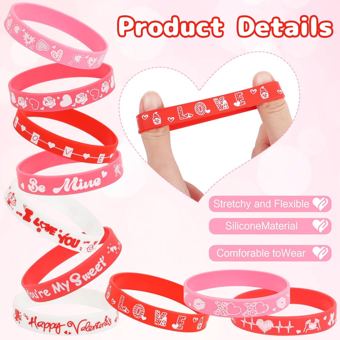 CCINEE 40Pcs Happy Valentines Day Rubber Bracelet Bulk Colorful Valentine's Day Silicone Wristbands Pink Red Love Heart Rubber B