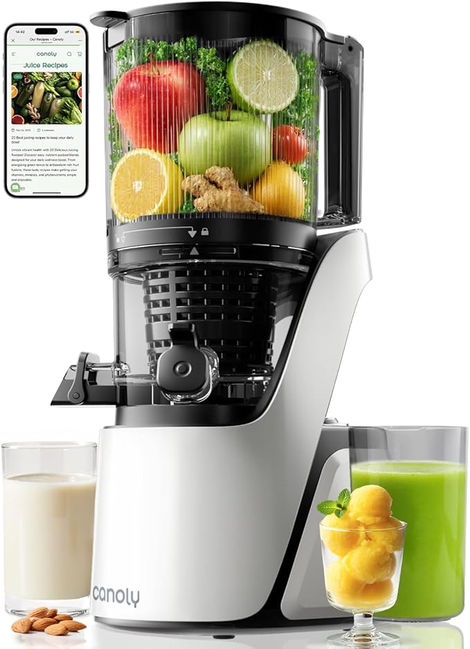 Canoly C16 Cold Press Juicer, with a 6" Wide Chute & Self-Precut, 3-in-1 Strainers (Juice & Sorbet & Nut Milk), BPA-Free Construction, Powered by a AC Brushless Motor (Pearl White)