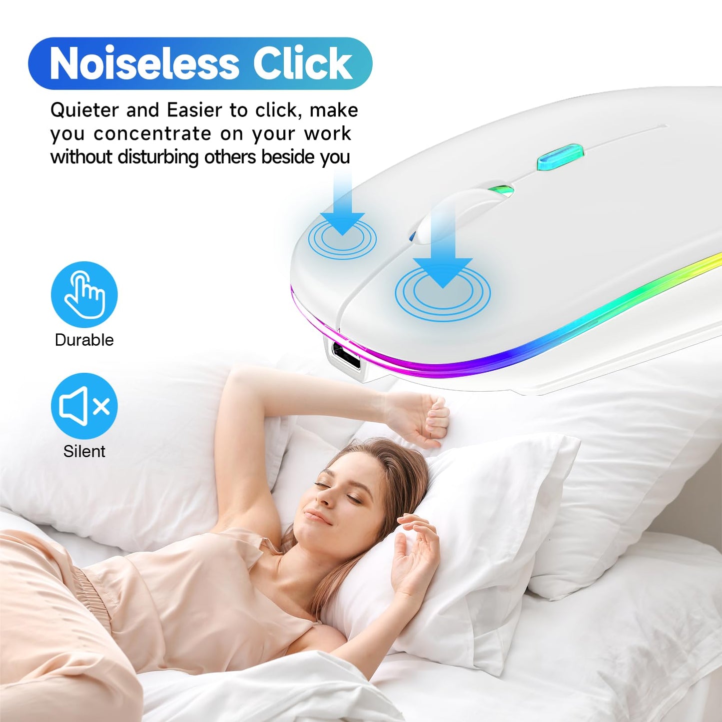 AooKoNi Wireless Bluetooth Mouse, Rechargeable USB Optical Mouse, LED Slim Dual Mode(Bluetooth 5.2 and 2.4G) Wireless Mouse for Laptop, PC, Mac OS, Android, Windows (Type C Charging Port, White)