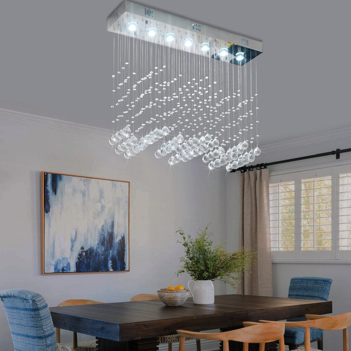 Crystop Contemporary Rectangular Chandelier, 7-Light Raindrop Pendant, 23.6X9.8X27.6, Silver, Crystal Ceiling Light For Dining Room/Kitchen