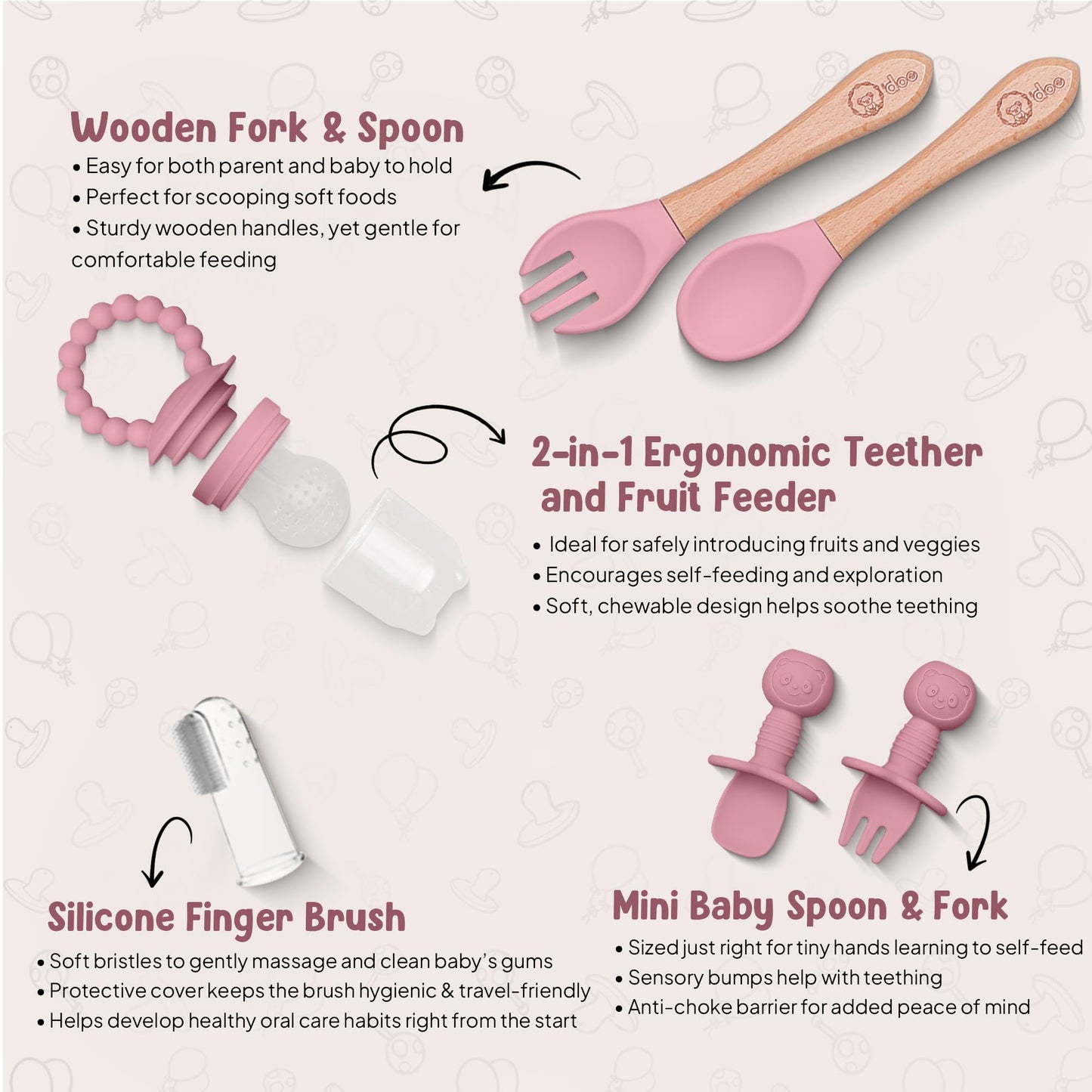 O'doe Baby Weaning Set – 15 Pcs Silicone Baby Feeding Set with Suction Plate, Bowl, Bib, Sippy Cup, Fruit Feeder, Freezer Tray