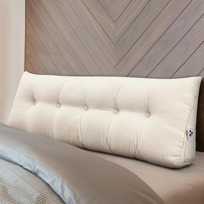 Wenqik Wedge Pillow Triangular Dorm Headboard Bed Rest Reading Backrest Back Support Long Bolster Pillow with Removable Cover for Dorm Room Supplies(Beige,Queen (59 x 20 x 8 Inch))