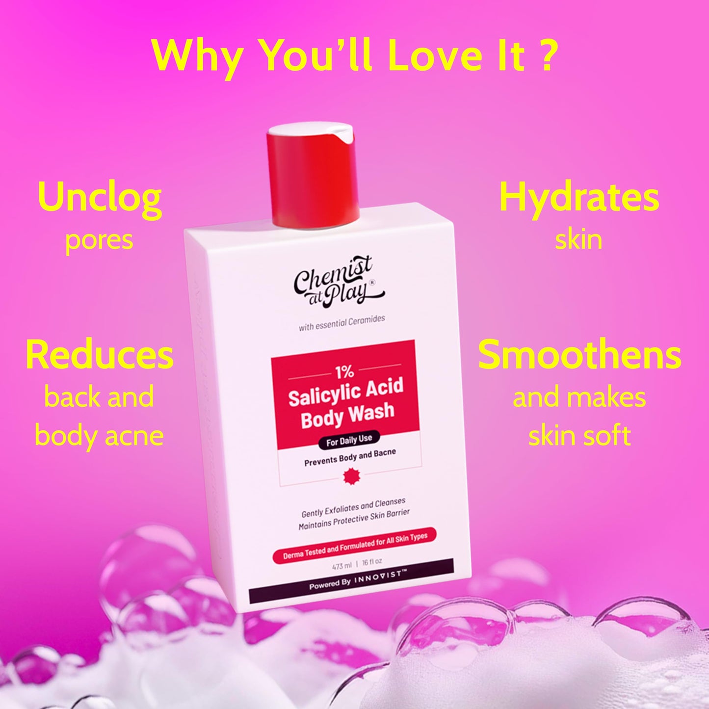 Chemist at Play 1% Salicylic Acid Body Wash 473ml | Paraben & SLS Free | Gentle Exfoliating Shower Gel | Prevents Body Acne, Bum