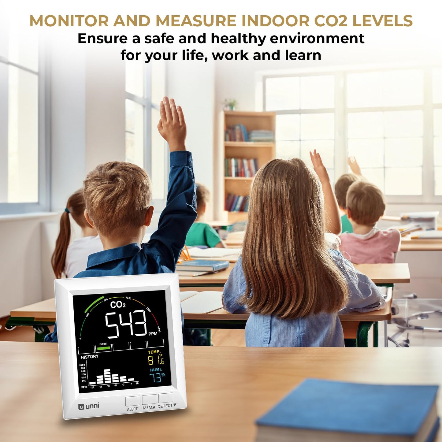 U UNNI CO2 Monitor Carbon Dioxide Detector for Home, 3 Adjustable Volume for Alerts & 3 Adjustable Backlight, Photoacoustic Sensor for Temperature Humidity & Indoor Air Quality Monitor