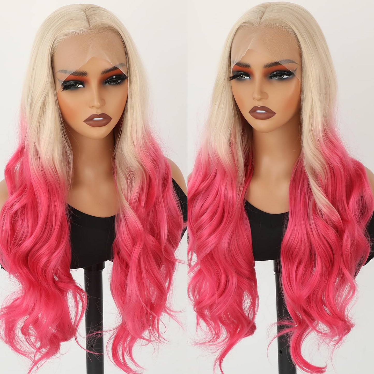 Missyvan Ombre Pink Lace Front Wig - 28" Long, Heat Resistant, Glueless, Pre Plucked, Natural Wavy Hairstyle for Fashion Women