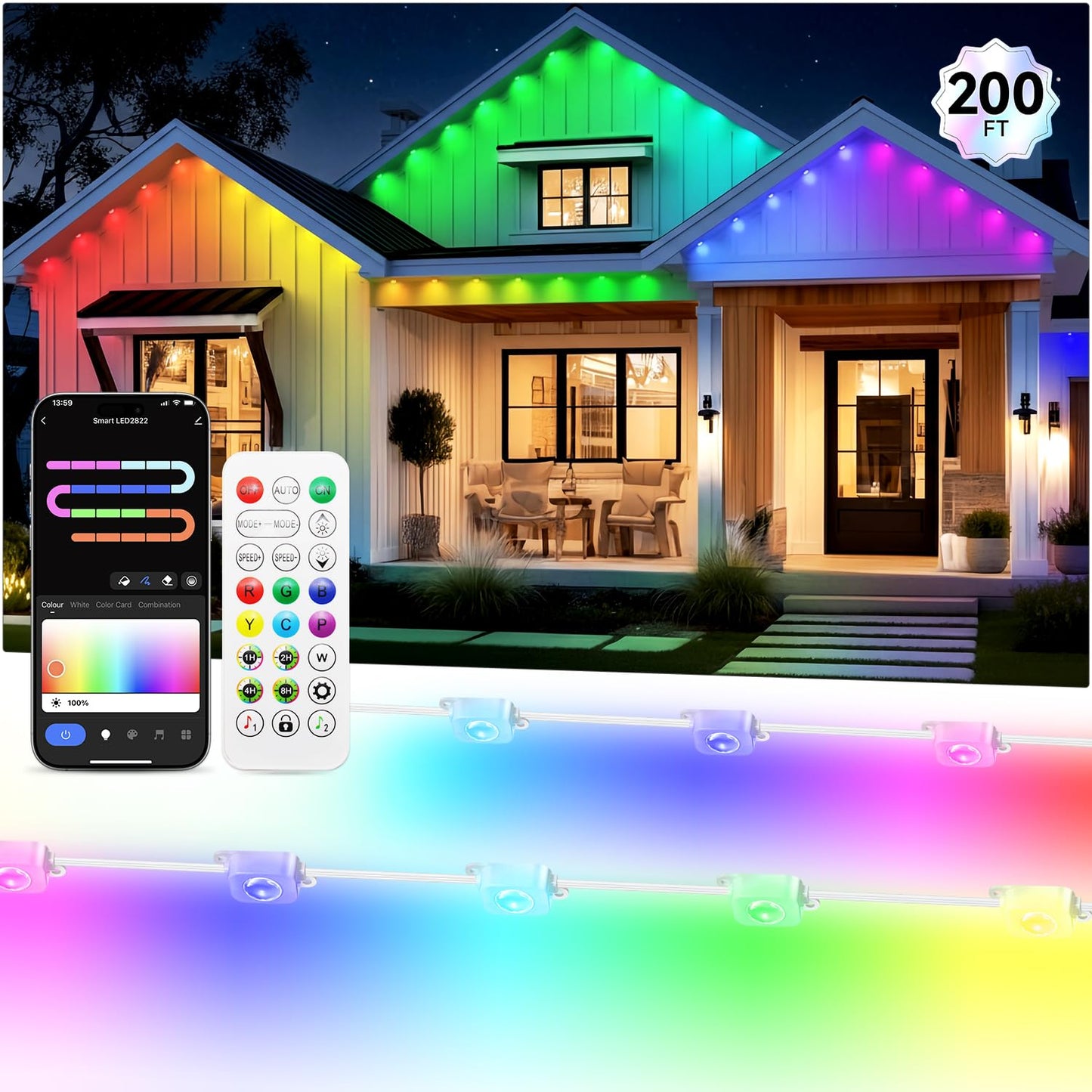 200Ft Permanent Outdoor Lights  100 Smart Waterproof Rgb+Ic Led Eaves With Warm White & Cool White  Halloween Christmas Permanent Light With 48 Scenes Mode For All Holiday Decor Party Daily Lighting