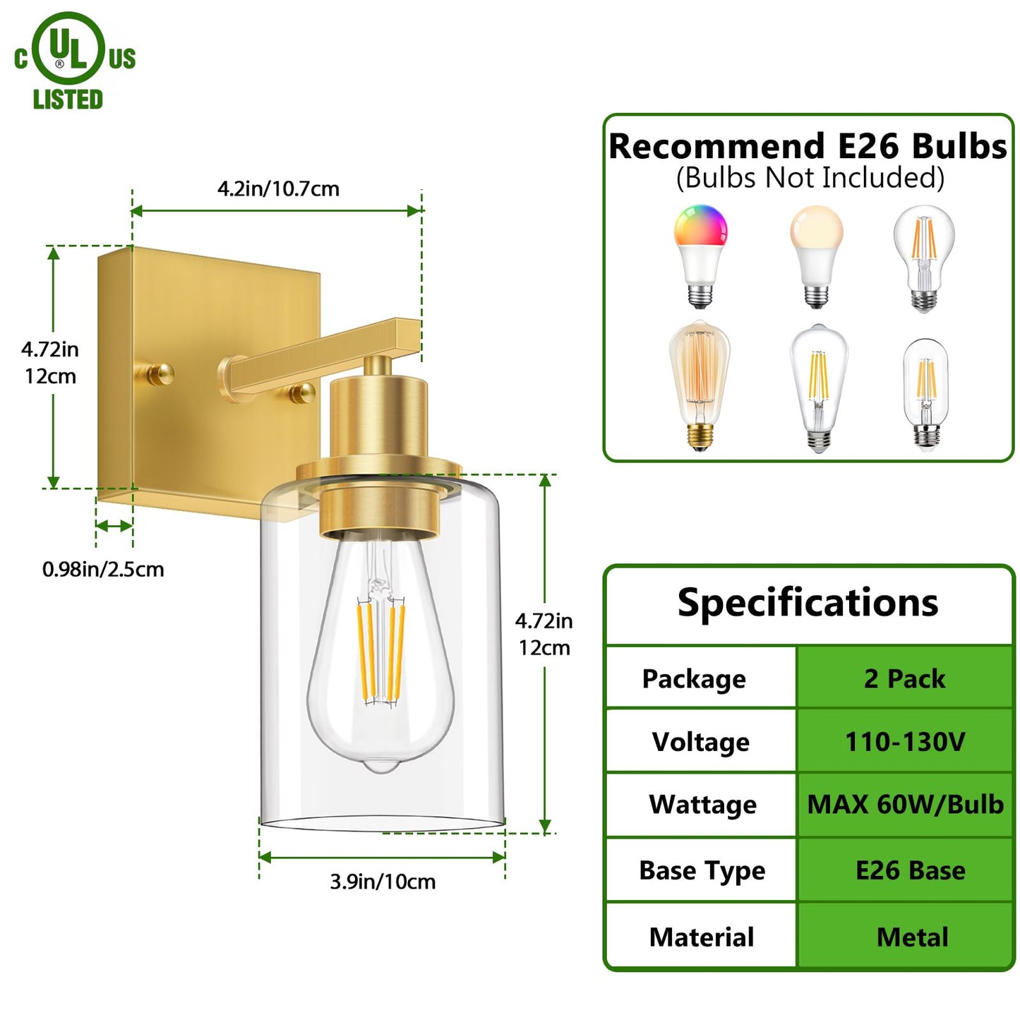 Licperron Gold Wall Sconces Set of 2, Modern Glass Shade Lighting Fixtures for Bathroom, Bedroom, Living Room, Hallway, E26 Base