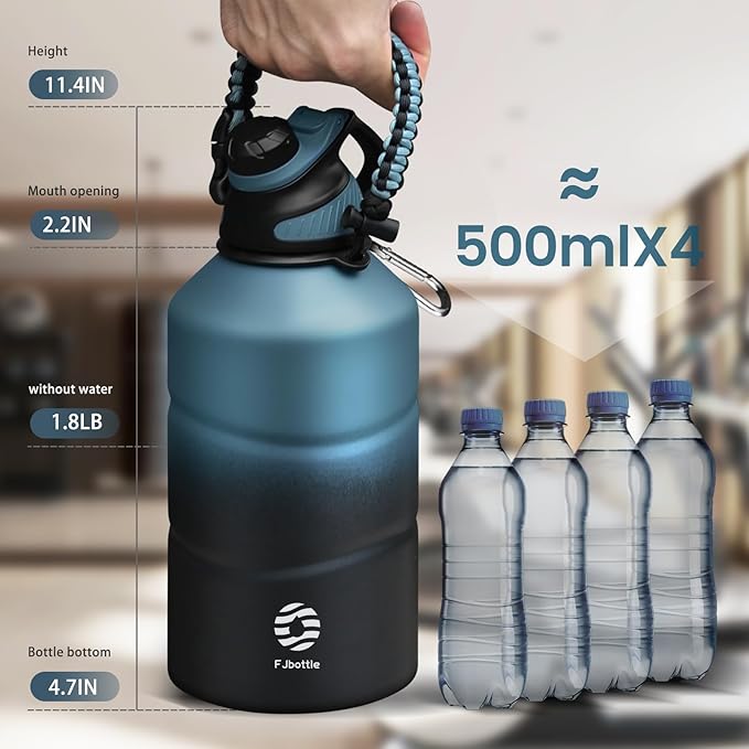 Insulated Half Gallon Water Bottle 64oz with Magnetic Lid,Stainless Steel Double-Wall Vacuum Leak Proof Sports Insulated Jug with Paracord Handle, Keep Water Hot & Cold for Outdoor,Gym