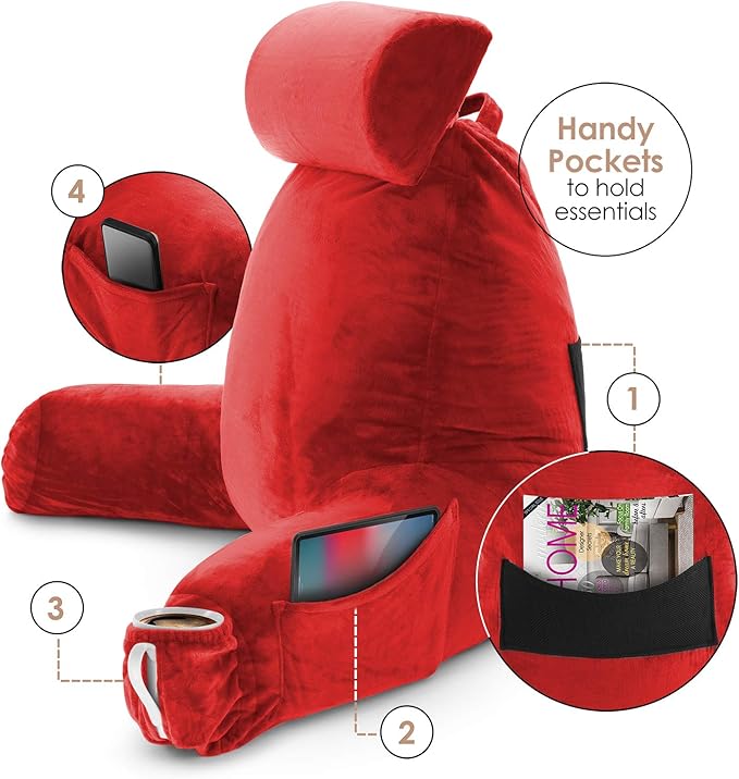 Nestl Reading Pillow Large Bed Pillow, Back Pillow for Sitting in Bed Shredded Memory Foam Chair Pillow, Reading & Bed Rest Pillows Cherry Red Back Pillow for Bed, Bed Chair Arm Pillow with Pockets