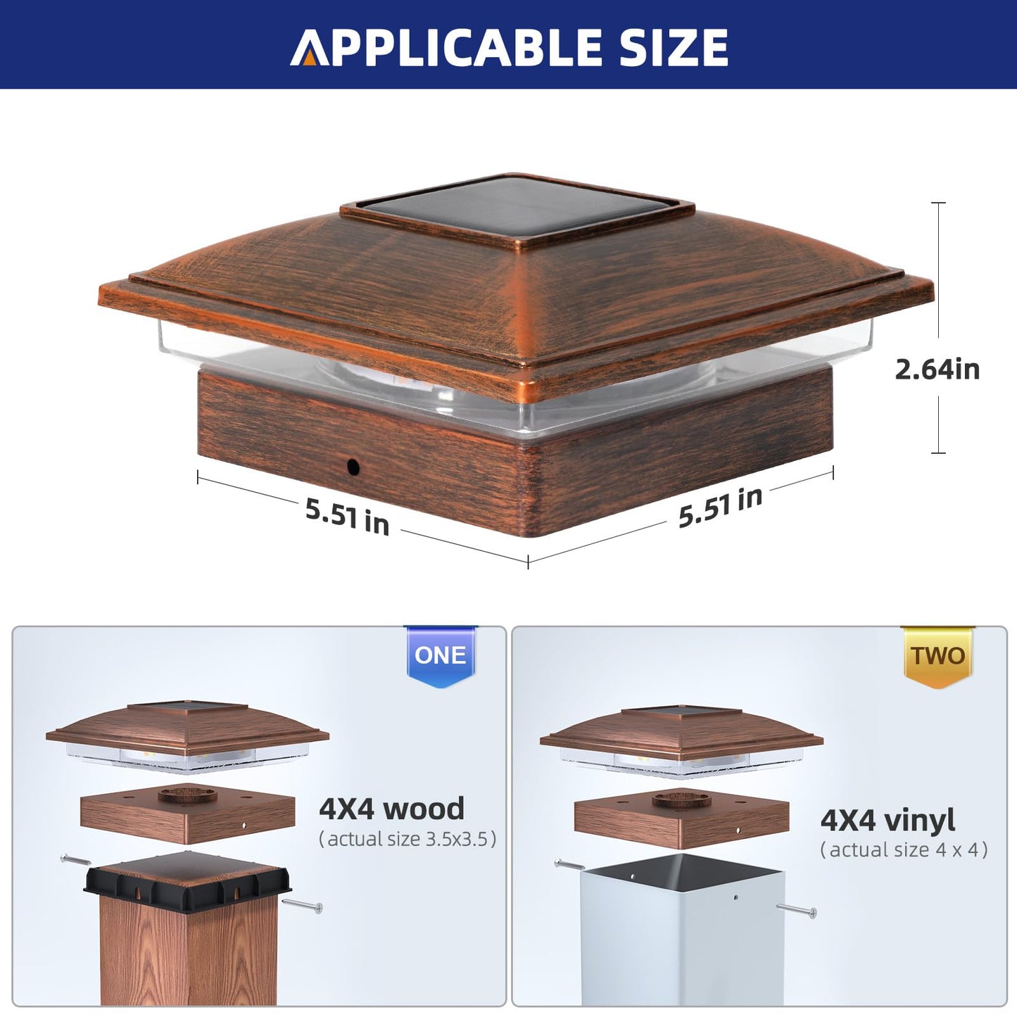APONUO Solar Post Lights, 12 Pack, Warm/Cool Light, Waterproof, 4x4/5x5/5.5x5.5 Compatible, Brushed Copper, Model