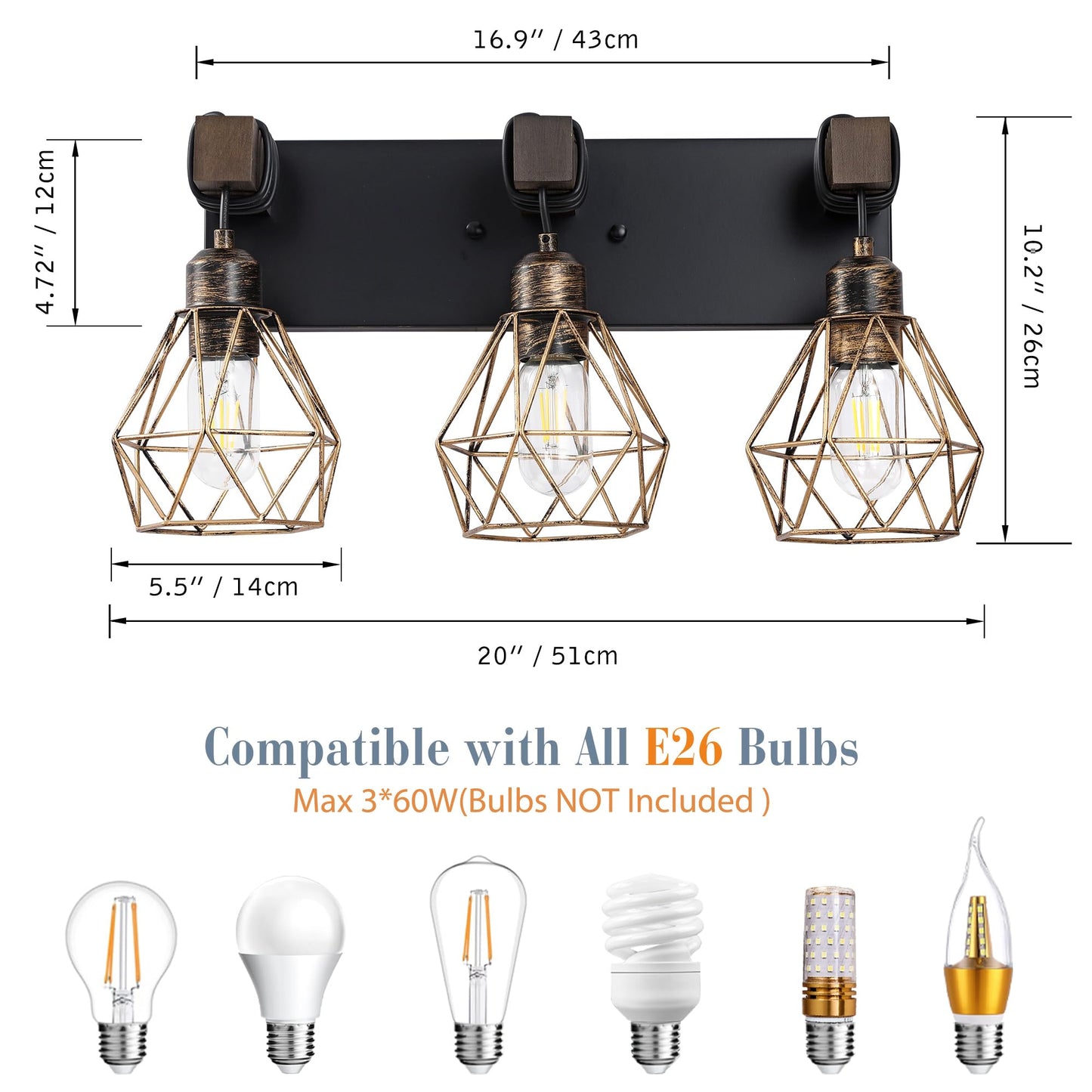 Farmhouse Bathroom Light Fixtures, 3-Light Bathroom Lighting Fixtures Over Mirror, Rustic Wood Black Gold Vanity Lights Wall Sconces with Metal Lampshade for Living Room