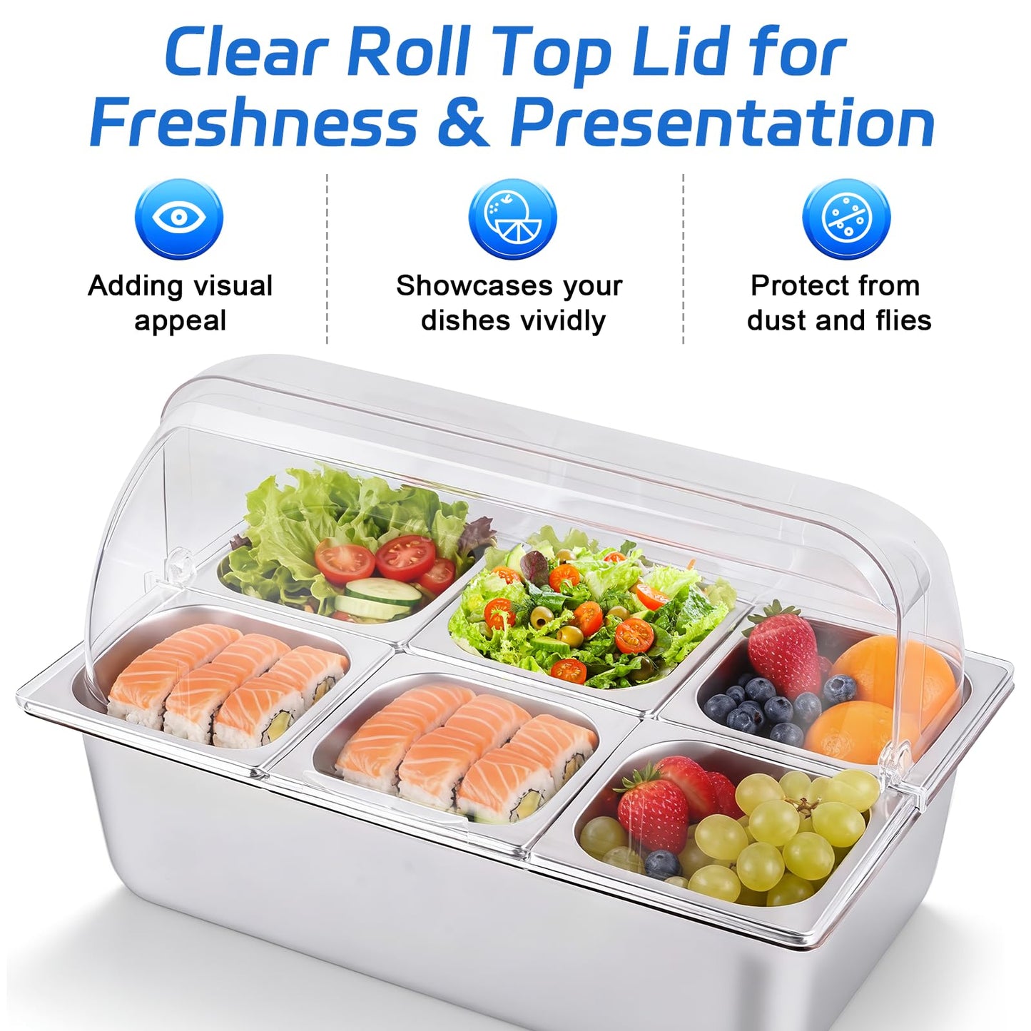 YMJOINMX Cold Food Buffet Server 9.6Qt (6 Pans×1.6Qt) with Ice Packs for Salad Pizza Sauce Colded Serving Trays Condiments Containers for Parties Buffet