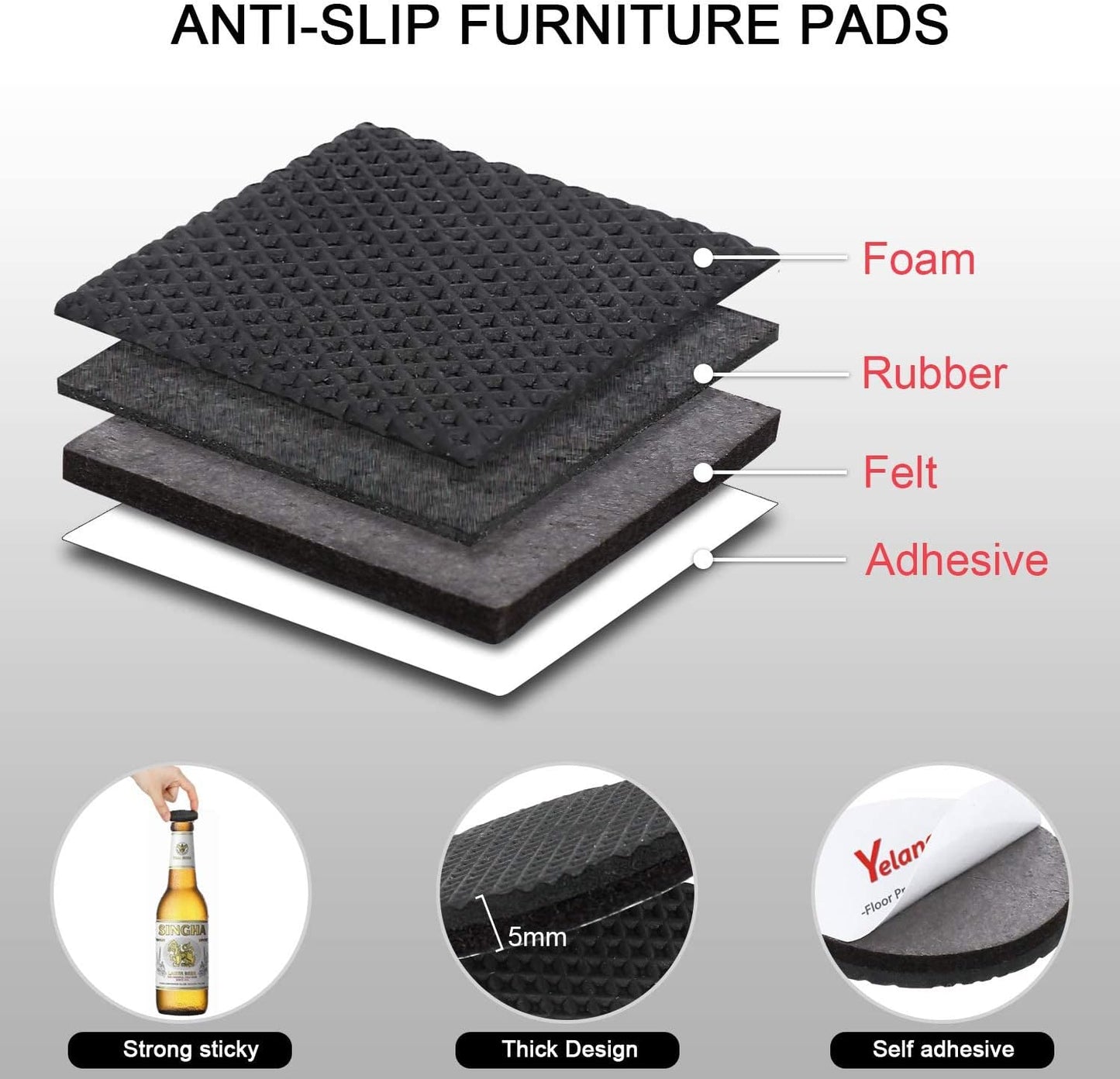 Yelanon Non Slip Furniture Pads -56 pcs(1+2+2)" Furniture Grippers Hardwood Floors, Non Skid for Furniture Leg,SelfAdhesive Rubber Feet, Anti Slide Furniture Floor Protector for Keep Couch Stoppers