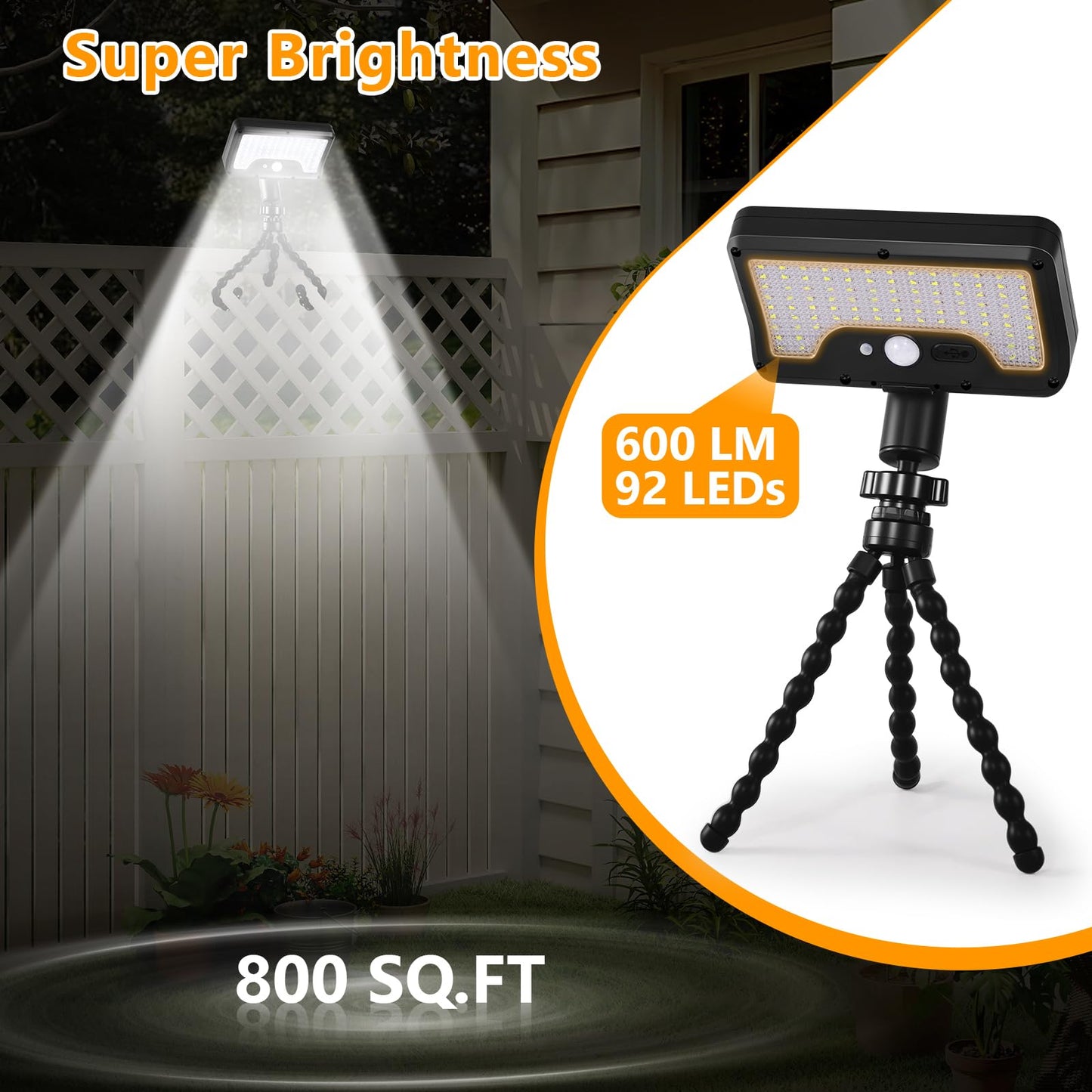 Solar Motion Lights Outdoor with Flexible Octopus Tripod, USB & Solar Powered Motion Sensor Lights with 92 LEDs(600LM,6000K), IP65 Waterproof Motion Activated Light for Fence, Camping, Gutter(2 Pack)