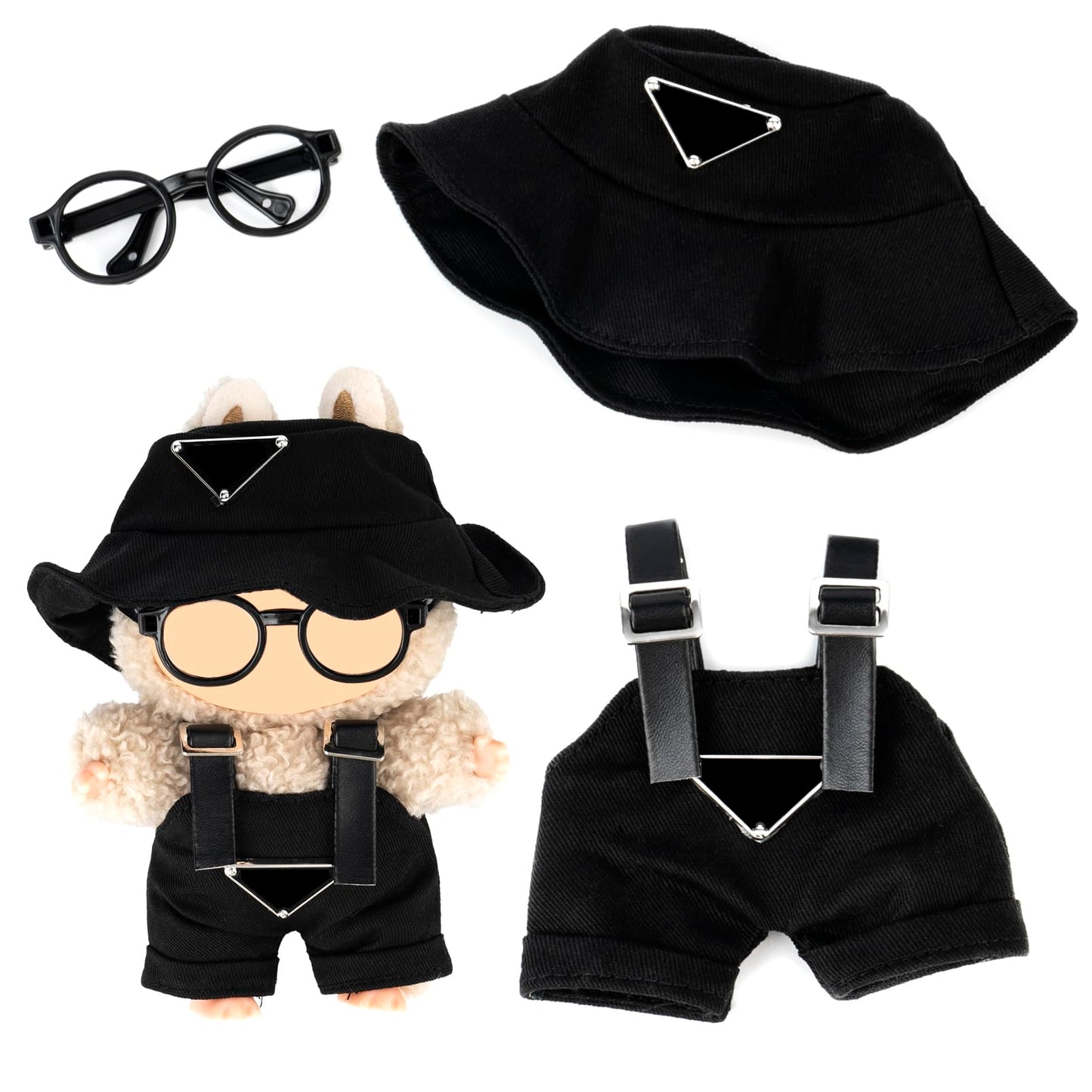 Clothes for Labubu(NO Doll) - Hat & Overalls Set for Labubu for LABUBU 17CM Dolls, Handcrafted Crochet Clothes Set, Premium Fashion Cute Outfit for Dress Up, Play & Collector Display (Black)
