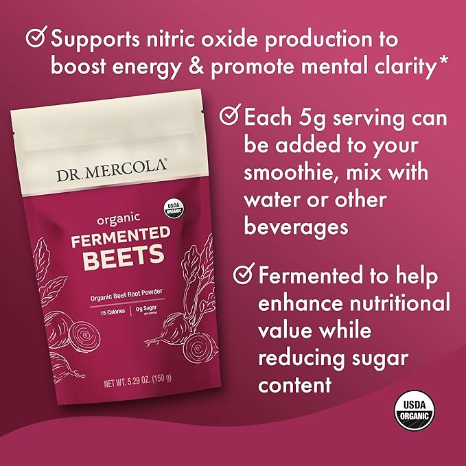 Dr. Mercola Organic Fermented Beet Powder - Beet Root Powder to Support Circulation, Focus & Energy - Non-GMO, Soy-Free & Gluten-Free - 30 Servings