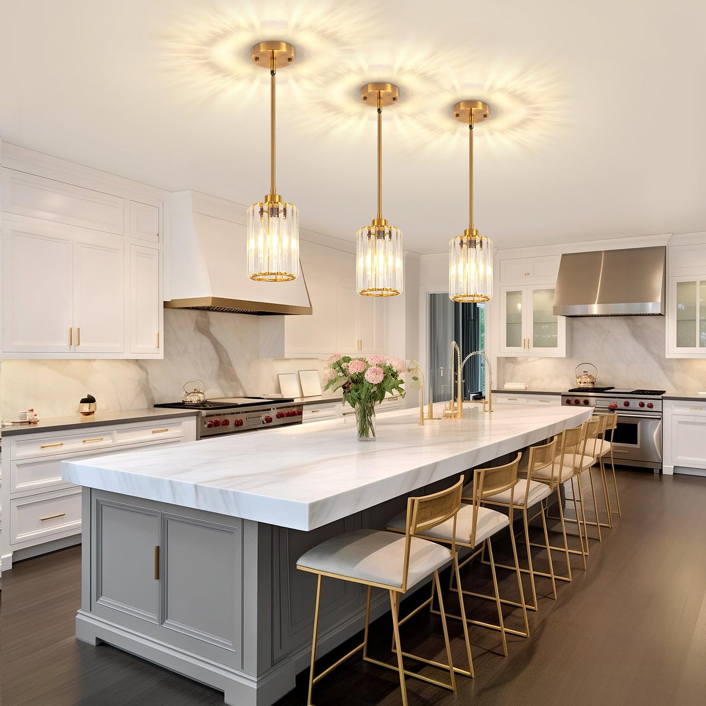 Zsmihdoh 2 Pack Pendant Lights Kitchen Island  Modern Gold Crystal Pendant Lighting  Kitchen Hanging Light Fixtures Mini Chandelier Pendant Lighting For Island Dining Room Hallway