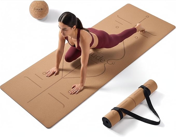 Laude Cork Yoga Mat + Ball Set – Sustainable Non Slip Yoga Mat with Strap – Thick Yoga Mat, Pilates Mat Thick & Workout Ma...