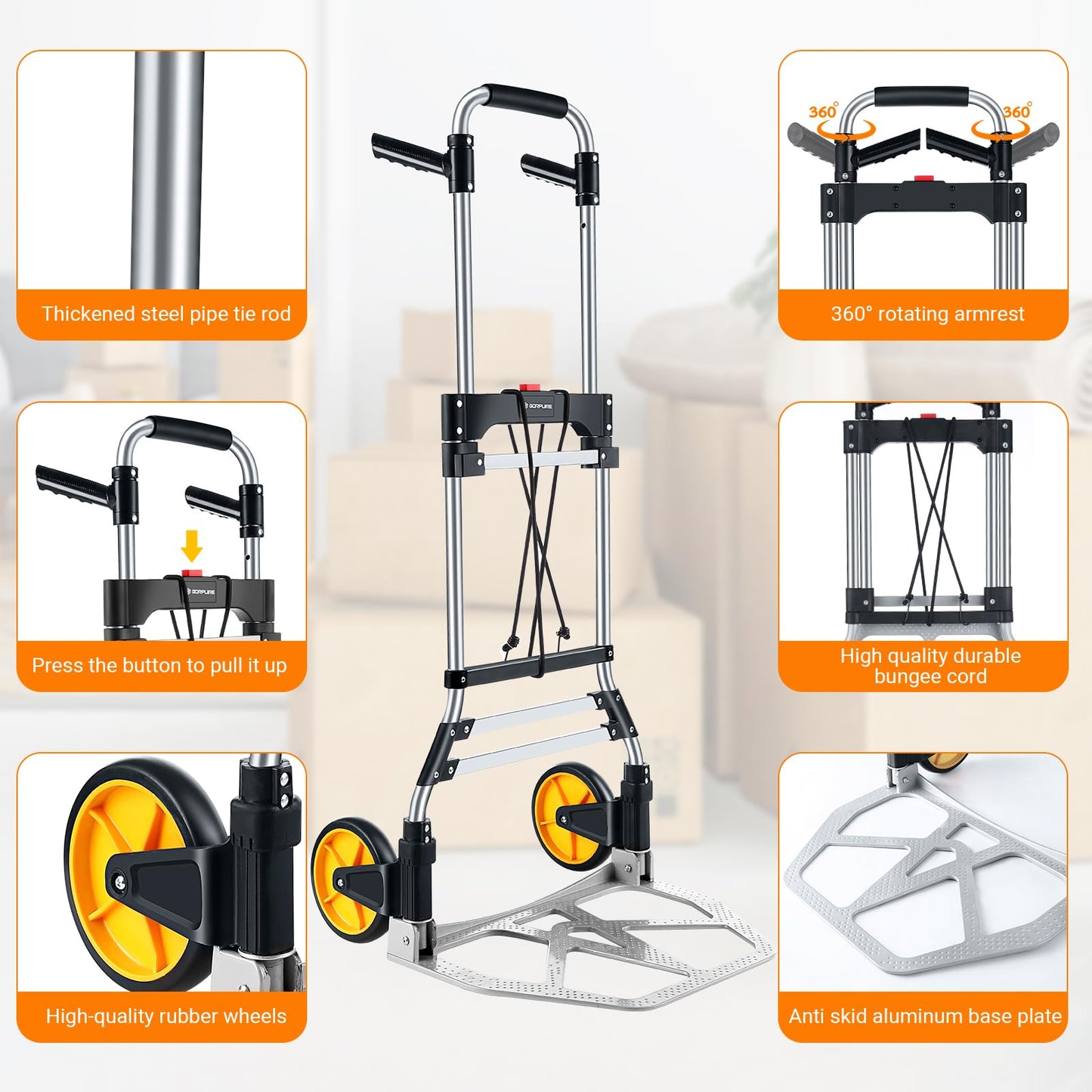 380 LB Capacity Folding Hand Truck Heavy Duty Foldable Dolly Cart with Wheels, Aluminum Collapsible Hand Cart Portable Trolley Dolley with Telescoping Handle for Moving Use Gorpuire