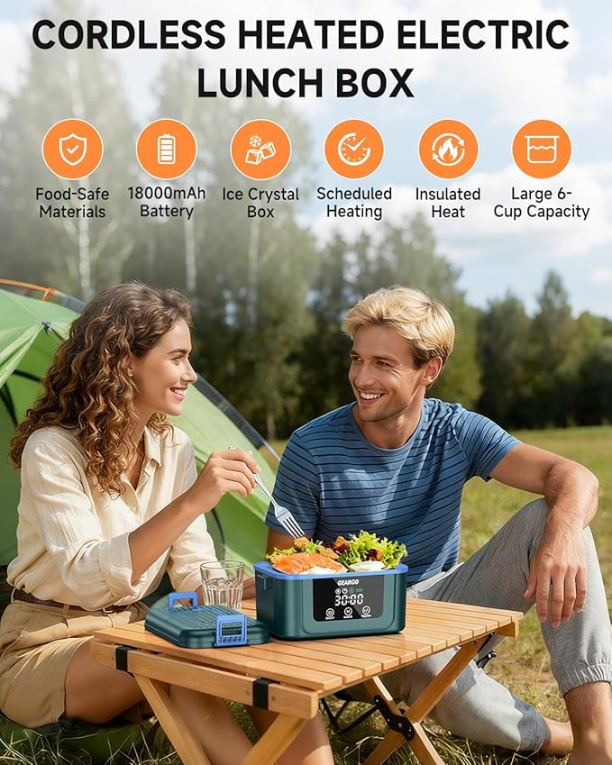 GEARGO 𝟐𝟎𝟐𝟔 𝐔𝐩𝐠𝐫𝐚𝐝𝐞𝐝 Cordless Electric Lunch Box, 6.3 Cups & 20000mAh Rechargeable Heated Lunch Box with Ice Crystal Box, 24 Hours Scheduled Self Heating Lunchbox For Men Women