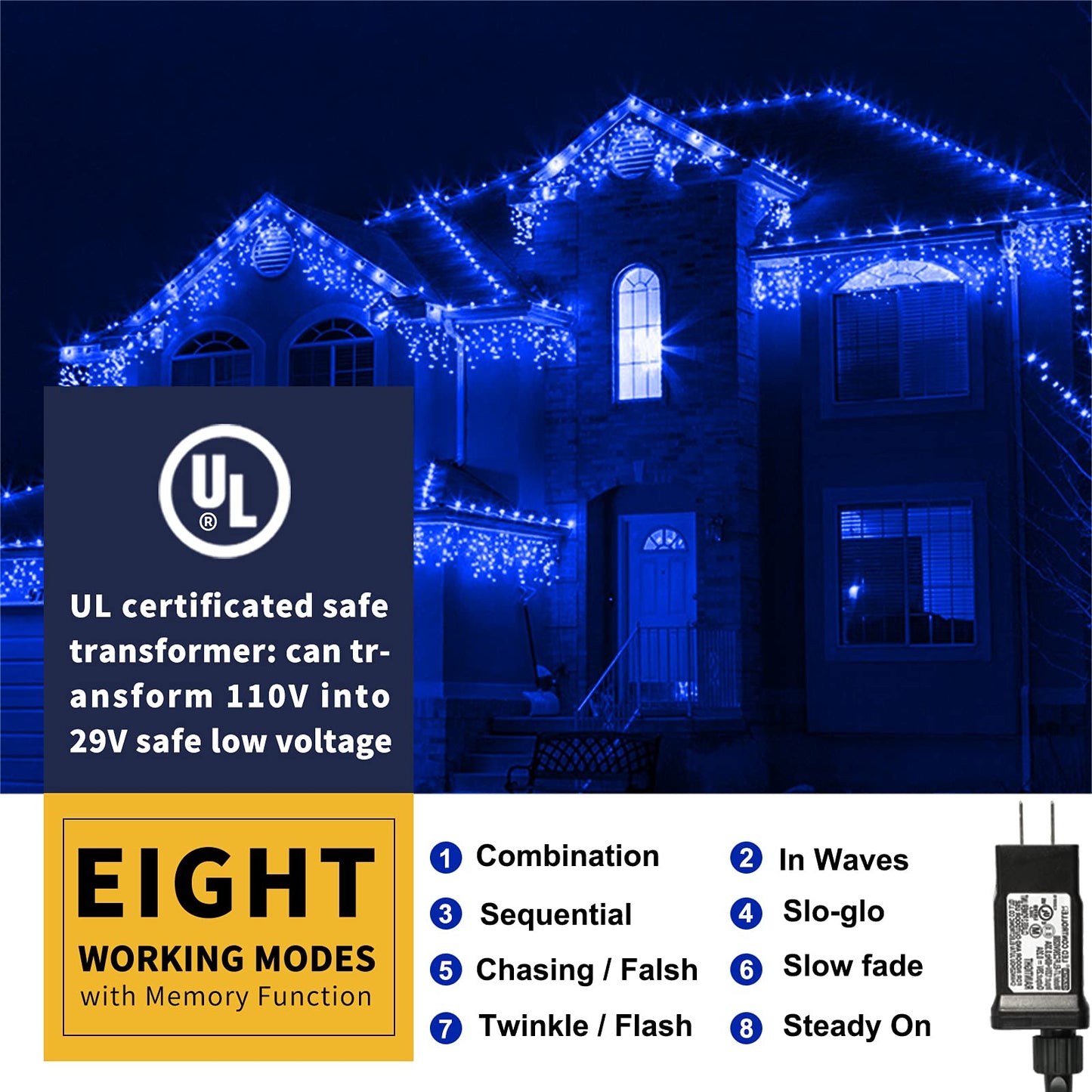 Xtf2015 105Ft 300 Led Christmas String Lights, Blue, Ul Certified, 8 Modes, Indoor/Outdoor, Model Ql300Ae