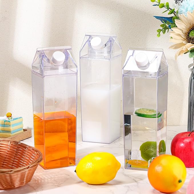 Remerry 9 Pcs 34oz Clear Milk Carton Water Bottle Plastic Clear Milk Carton Cup Square Plastic Cute Milk Carton Container Portable Reusable Milk Bottles Leakproof Juice Bottle for Sports Camping