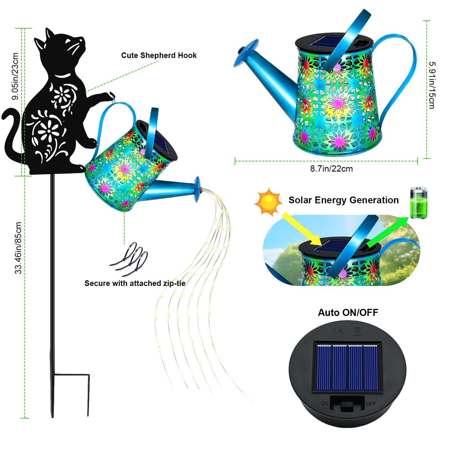 Black Cat Solar Watering Can Lights  Birthday Gifts For Women Mom Christmas  Yard Decorations Outdoor Waterproof  Blue Metal Hanging Lantern Solar Lights Garden Decor Patio Pathway  2 Pack