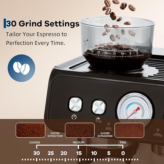 Stainless Steel Espresso Machine with Grinder and 20 Bar Pressure, 2.8l Removable Water Tank, Milk Frother Steam Wand for Latte and Cappuccino, Adjustable Shot Volume,Black